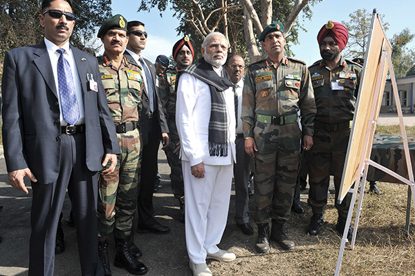 India’s Prime Minister Modi with his Army chief and others at Pathankot, Jan. 9. Press Information Bureau/AFP